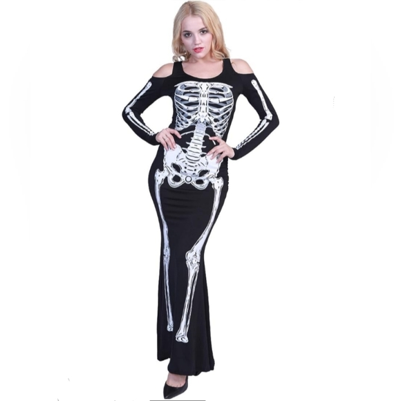 Skeleton Long Sexy Goth Maxi Dress Stretch Bodycon Black Costume Party New - Picture 1 of 10